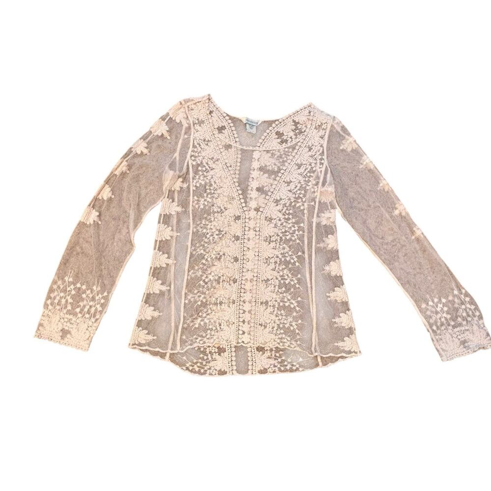 Sundance Embroidered Lacy Sheer Ivory Cream Long Sleeve Curved Hem Top Medium